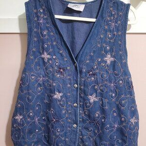 Floral Embroidered Denim Vest-XL